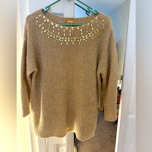 Ruby Rd. Holiday Gold Shimmer Sweater w/ Jewel Embellishment